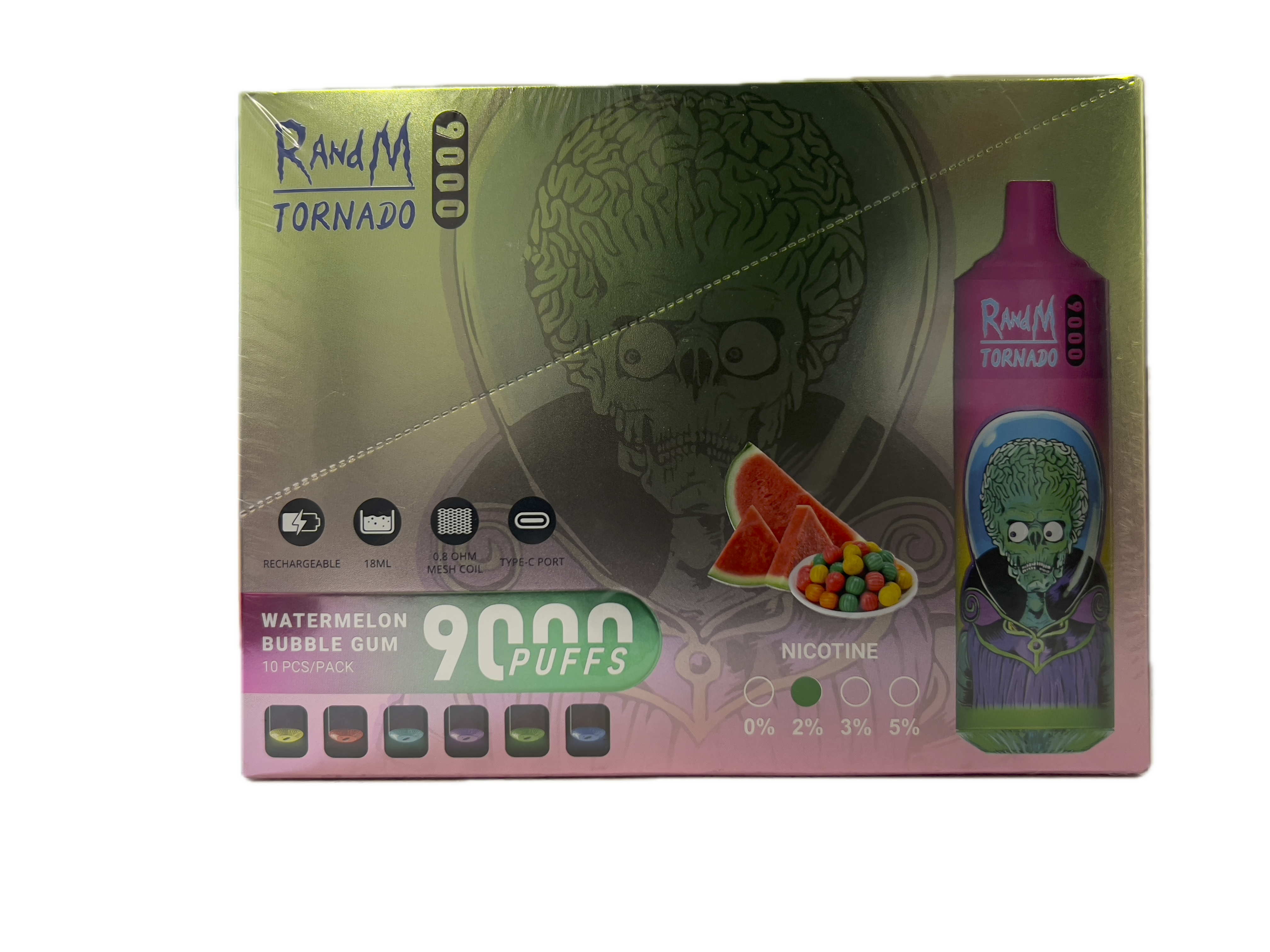 Puff RandM Tornado 9000 2% nicotine Watermelon Bubble Gum Pack de 10