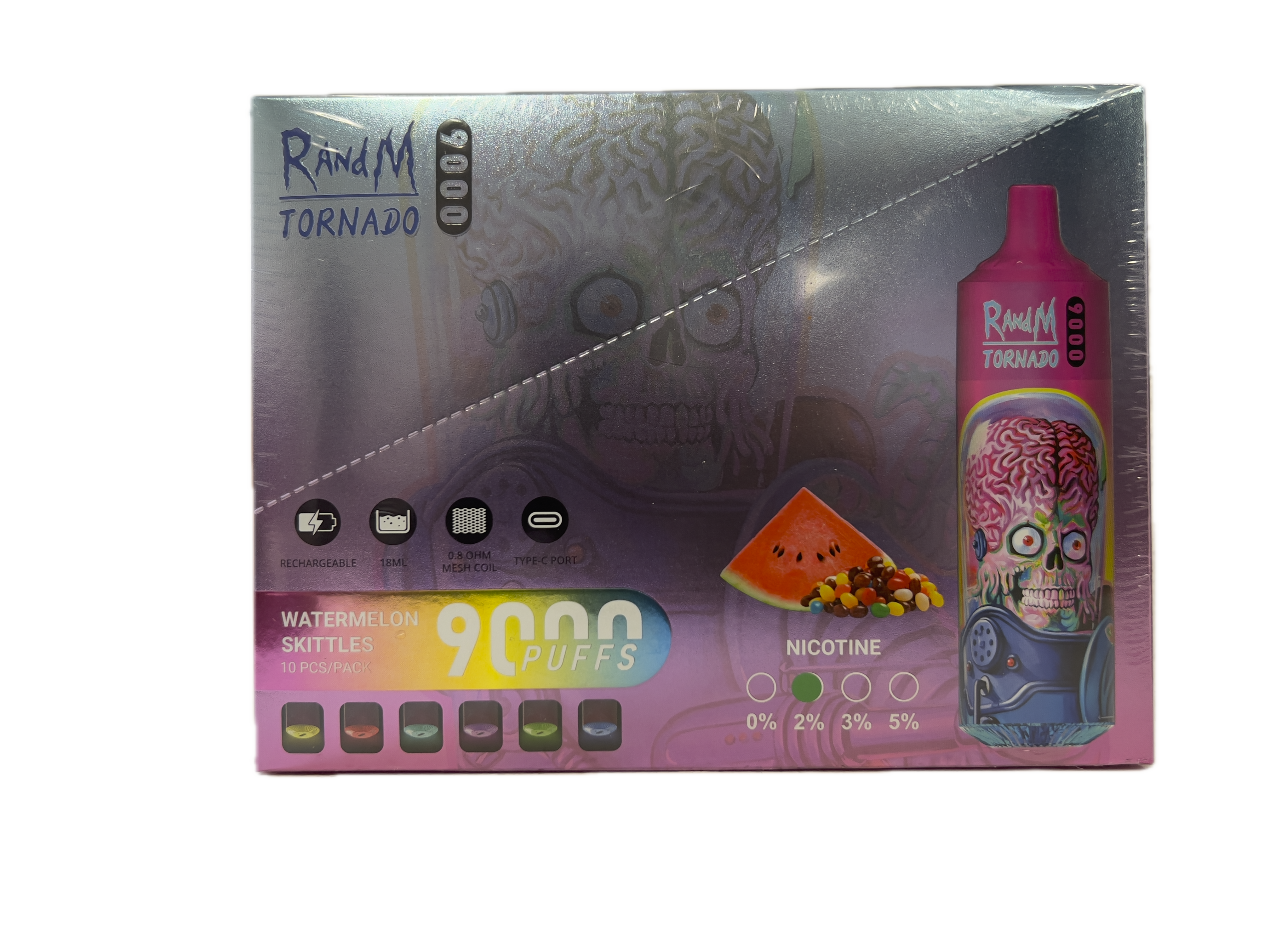 Puff RandM Tornado 9000 2% nicotine Watermelon Skittles Pack de 10