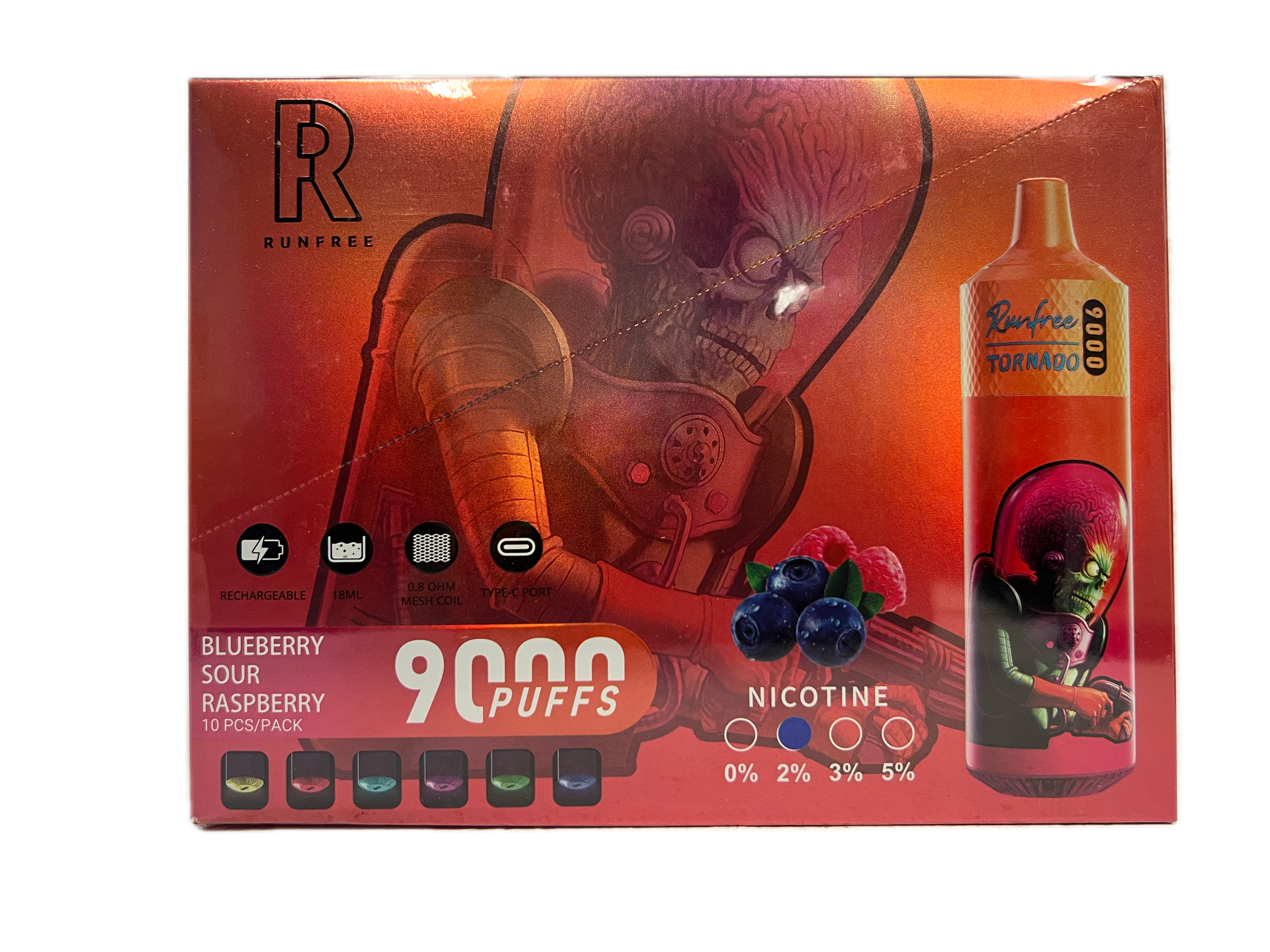 Puff RandM Tornado 9000 Runfree 2% nicotine Blueberry Sour Raspberry Pack de 10