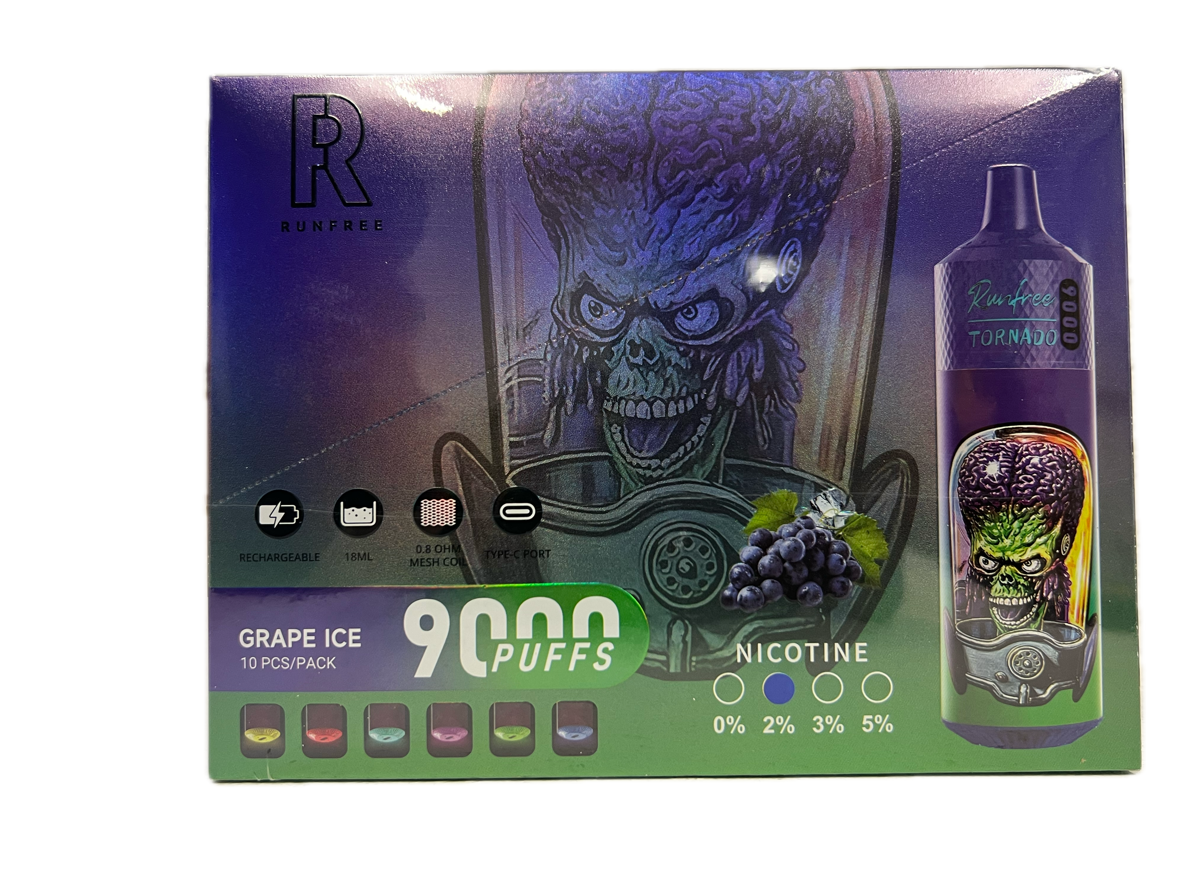 Puff RandM Tornado 9000 Runfree 2% nicotine Grape Ice Pack de 10