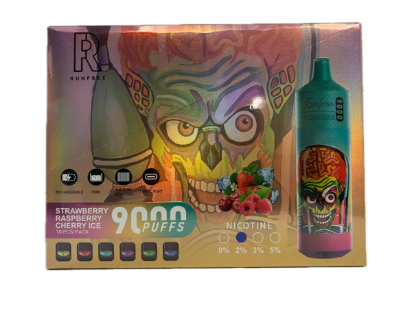 Puff RandM Tornado 9000 Runfree 2% nicotine Strawberry Raspberry Cherry Ice Pack de 10