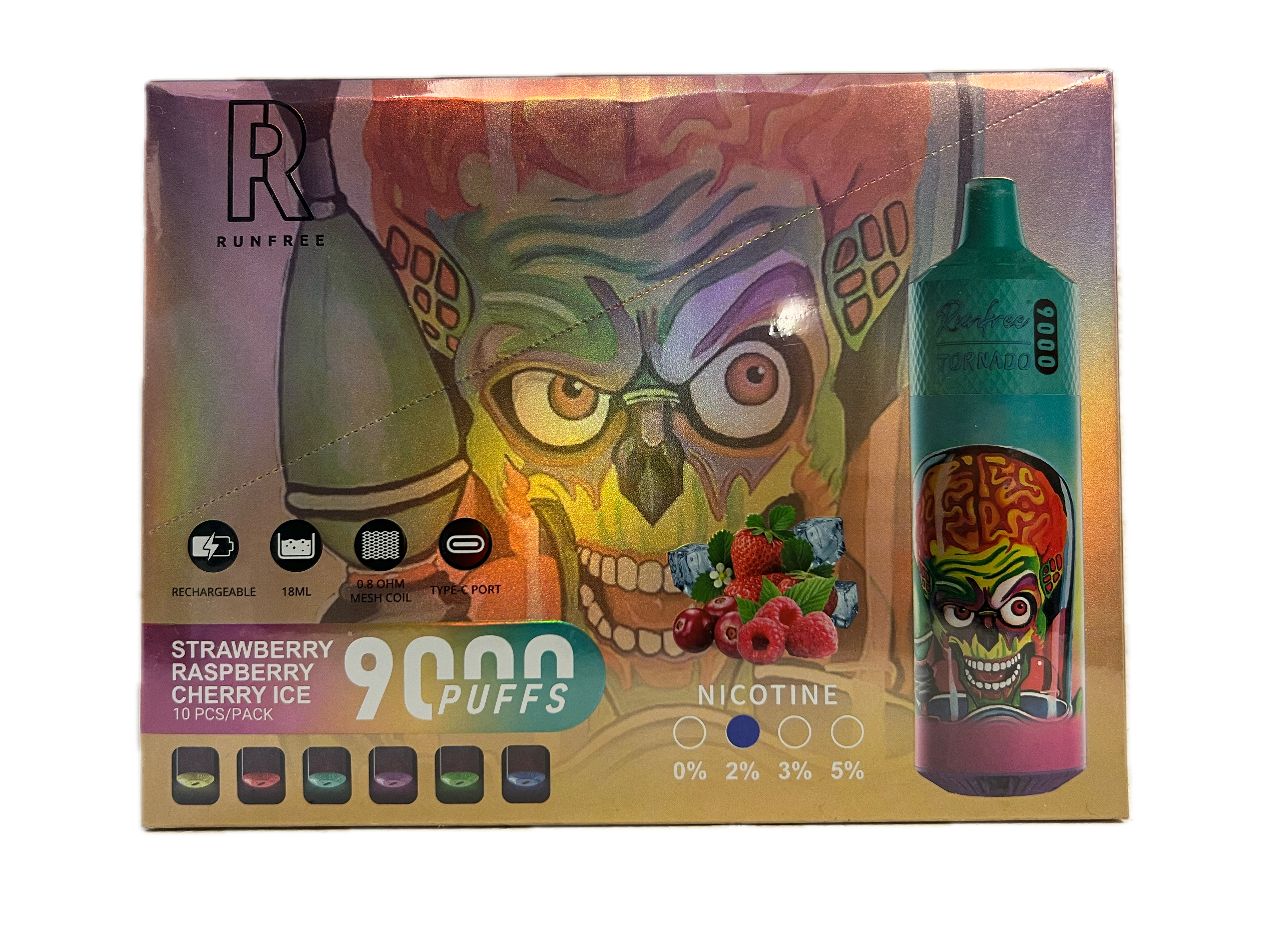 Puff RandM Tornado 9000 Runfree 2% nicotine Strawberry Raspberry Cherry Ice Pack de 10